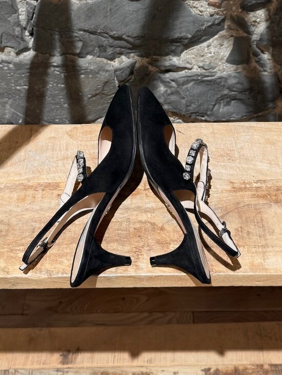 Prada Black Suede Crystal Embellished Slingback Pumps - Picture 9 of 11